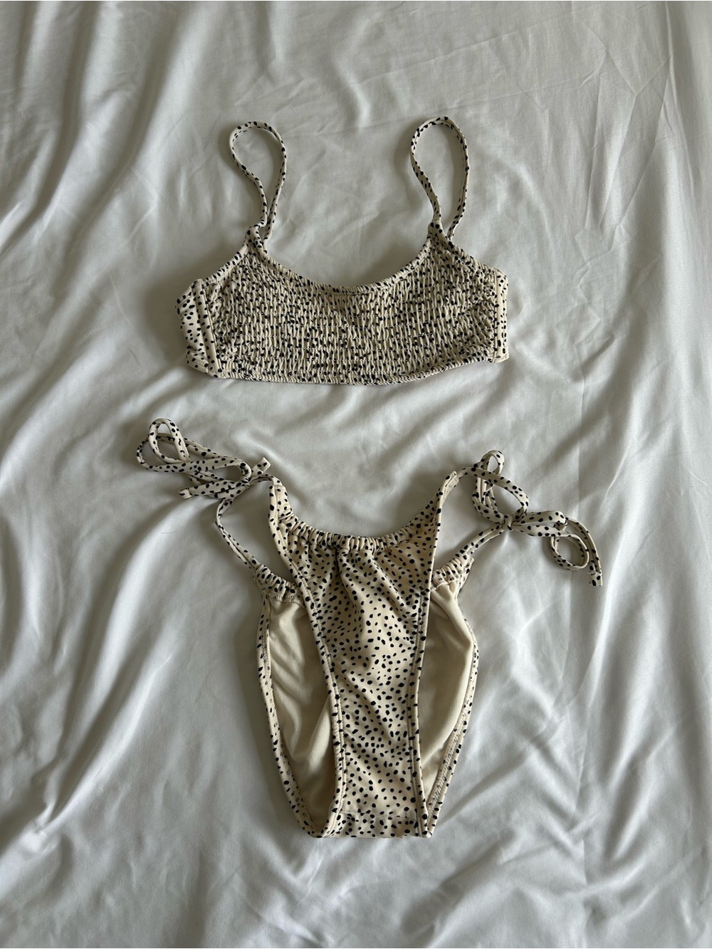 Smocked Spotted Bikini Set - Cream/Black